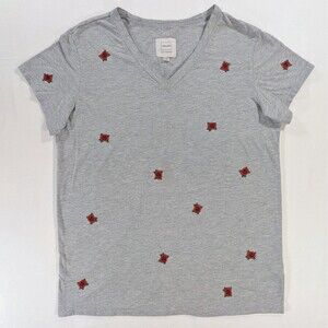 Reflex T shirt  Women 1X Gray  Embroidered Red Floral V Neck Boho cottagecore